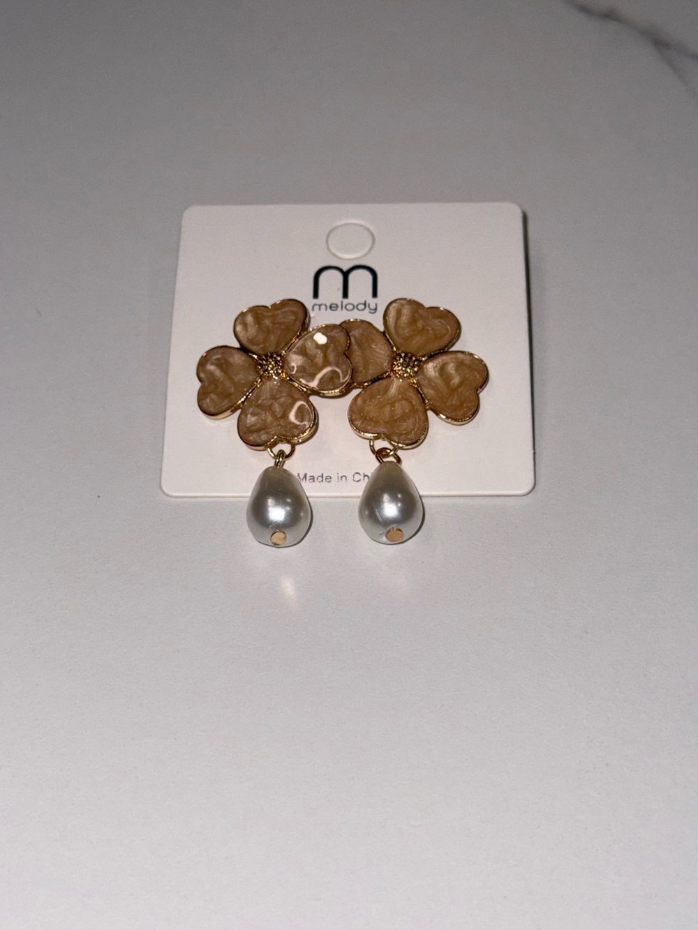 Melody Beige Floral Drop Earrings with Pearl Teardrops